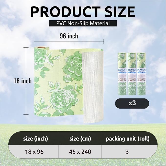 FIFTY FEET 18X96 Inch Shelf Liner for Kitchen Cabinets, PVC Drawer Liner for Dresser Non-Slip Bathroom, Non-Adhesive Cabinet Liner Washable (Green Flower)(3 Roll) - Image 3