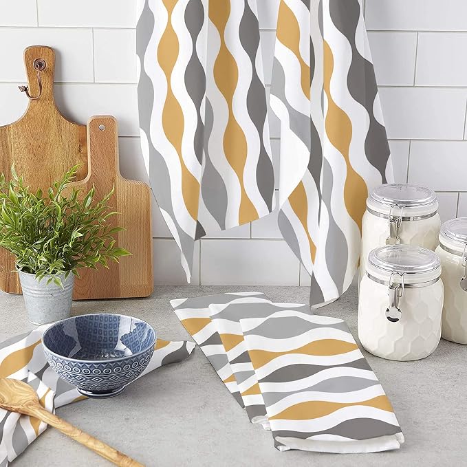 T&H XHome Kitchen Dish Towels 1 Pack-Super Absorbent Soft Microfiber,Mid-Century Modern Geometric Yellow Gray Pattern Cleaning Dishcloth Hand Towels Tea Towels for Kitchen Bathroom Bar - Image 3