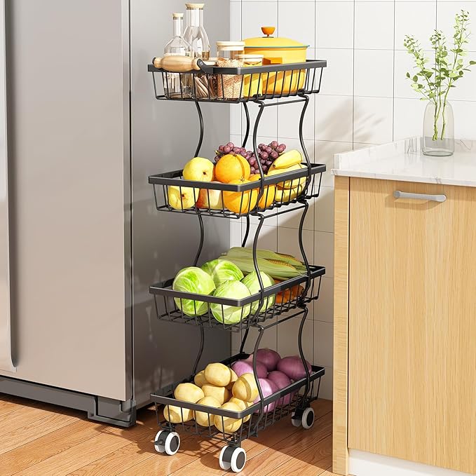 SAYZH 4-Tier Fruit Basket Stand with Vegetable Baskets for Kitchen, Black | Stackable Metal Wire Basket, Sturdy Rolling Storage Carts for Kitchen, Pantry Organizer, Snack and Jar Storage by SAYZH
