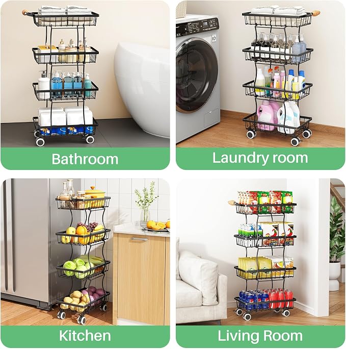 SAYZH 4-Tier Fruit Basket Stand with Vegetable Baskets for Kitchen, Black | Stackable Metal Wire Basket, Sturdy Rolling Storage Carts for Kitchen, Pantry Organizer, Snack and Jar Storage - Image 7