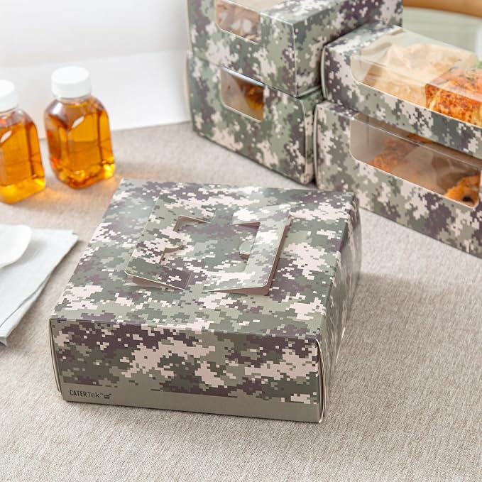 Restaurantware-Cater Tek 9 x 9 x 3.5 Inch Cake Boxes, 50 Take Out Containers - Display Window, Pop-Up Handles, Camouflage Paper Pastry Boxes, Grease Impermeable, Shipped Flat - Image 12
