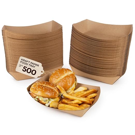 IDL Packaging 5 lb Kraft Paper Food Tray - Poly Coated for Extra Moisture Resistance - Recyclable - Serving Tray for Fries, Burgers, Appetizers and Side Dishes - Proudly Made in USA (Pack of 500) by IDLPackaging