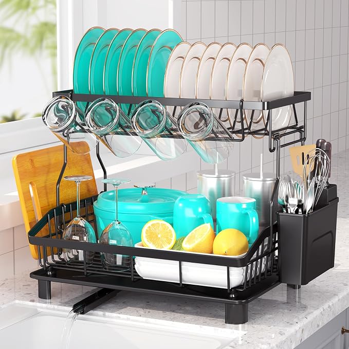2 Tier Dish Drying Rack for Kitchen Counter, Large Capacity, Black by Ricobes