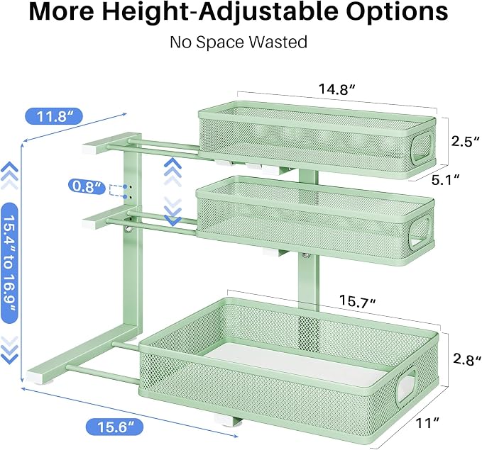 Under Sink Organizer, 3-Tier Thickened Metal Pull out Cabinet Organizer Shelf, Height Adjustable Slide out Storage Drawer Rack for Kitchen Bathroom Pantry Laundry Home Organization, 2-Pack, Green - Image 9