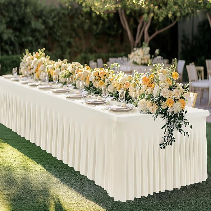 Leegleri 4 Pack Ivory Spandex Tablecloths for 8ft Rectangle Tables, Wrinkle Free Fitted Table Cloths with Skirt for Parties, Weddings, Birthday, Banquet, Baby Shower - Image 6