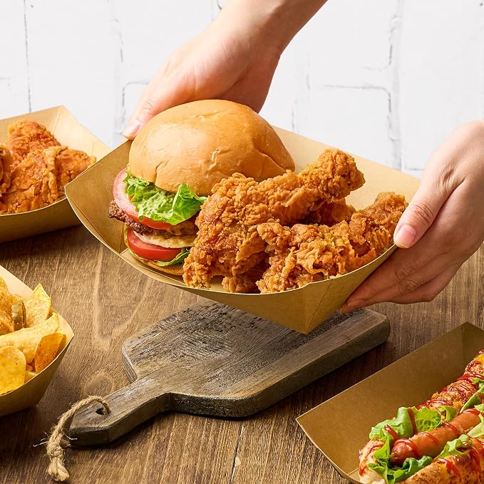 ZORRITA 50 Pack 5 LB Extra Large Paper Food Trays | Disposable, Kraft Paper, Nacho Trays, Food Boats, Party Serving Baskets, For Sandwiches Burgers Popcorns Snacks - Image 5