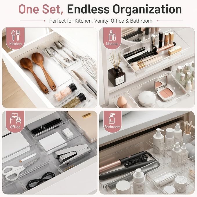12 Pack Large Drawer Organizer Bins - Clear Plastic Bathroom Drawer Organizer Trays - Heavy Duty Kitchen Drawer Dividers for Utensils - Non-Slip Storage Bins for Makeup, Bedroom, Office Desk - Image 8