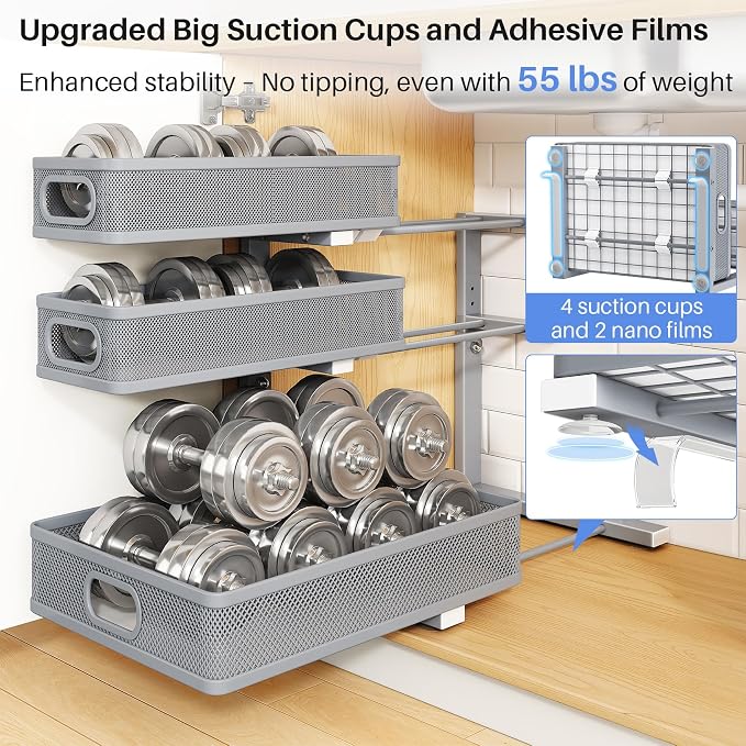Under Sink Organizer, 3-Tier Thickened Metal Pull out Cabinet Organizer Shelf, Height Adjustable Slide out Storage Drawer Rack for Kitchen Bathroom Pantry Laundry Home Organization, 2-Pack, Grey - Image 7