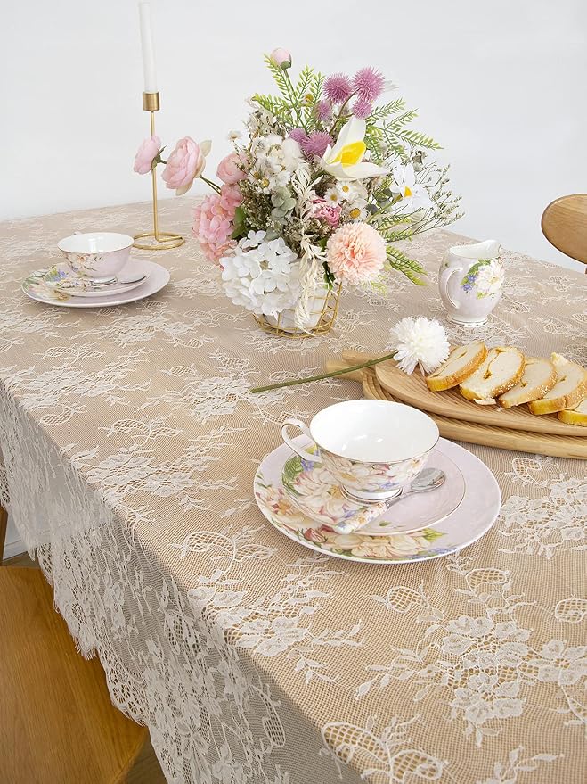 Set of 2 Ivory Lace Tablecloths Rectangle Chic Wedding Embroidered Fabric - Image 5