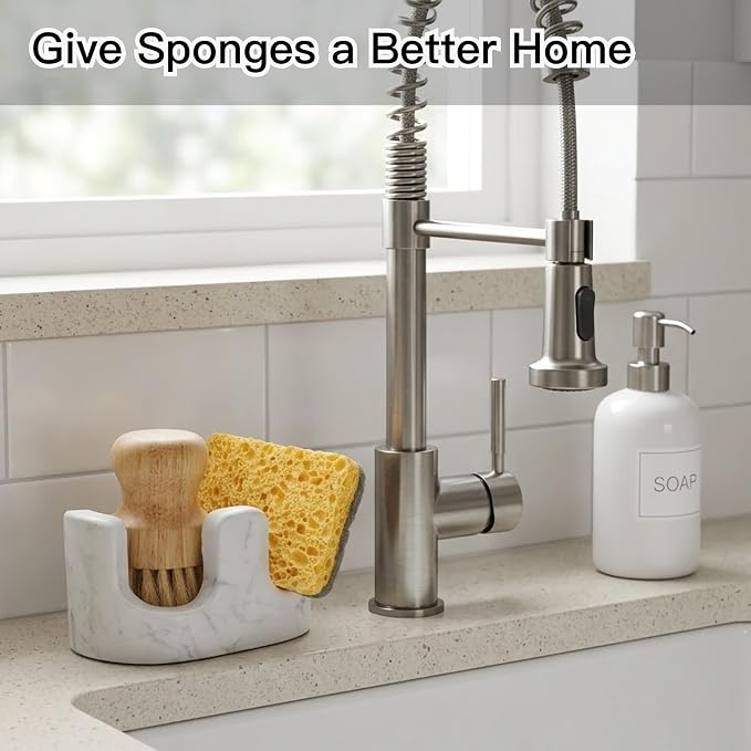 White Marble Sponge Holder for Kitchen Sink, 2-in-1 Sponge & Brush Holder with Raised Edge, 2 Slot Natural Stone Sink Caddy for Countertop, Keeps Countertops Dry, Non-Slip Base, Modern Kitchen Decor - Image 3