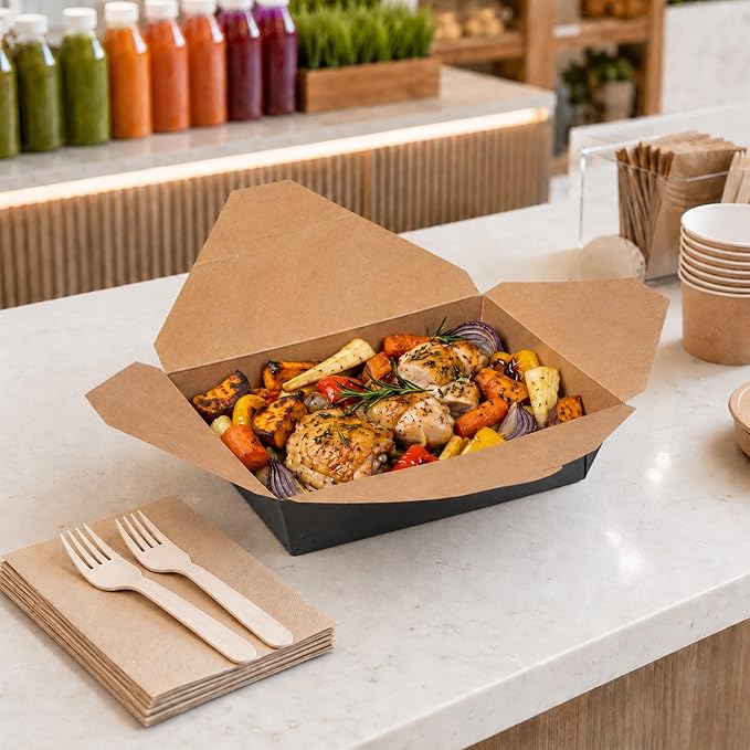 Restaurantware-Bio Tek 8.5 x 6.3 x 2 Inch Food Containers, 200 Durable Noodle Boxes - Disposable, Sustainable, Black Paper 49-Ounce Takeout Boxes, Rectangle, For Takeouts, Or Picnics - Image 4