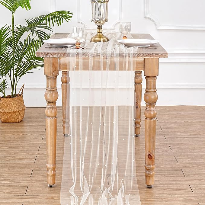 Pearl Gauze Table Runner Fabric Beige 10ft Wedding Veil Seasonal Decoration - Image 7