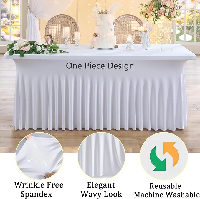 CO-AVE 6pk White 8ft Spandex Tablecloths for Rectangle Tables, Wrinkle Free Wavy White Table Skirt Stretchy Fitted Table Cloth Covers 8 Foot for Weddings Birthday Party Events Banquette Baby Shower - Image 2