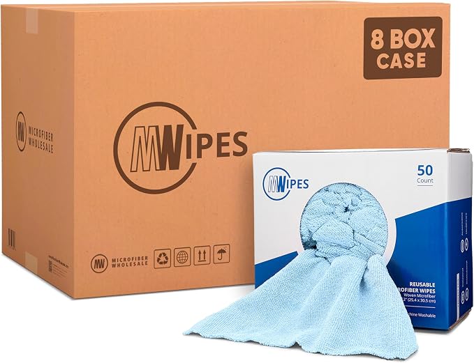 Blue Microfiber Shop Towels | MWipes Reusable Shop Rags | 50 Rags in a Box (400 Count) | Super Absorbent, Machine Washable Hundreds of Times | Automotive, Paint, Industrial, Detailing by MicrofiberWholesale