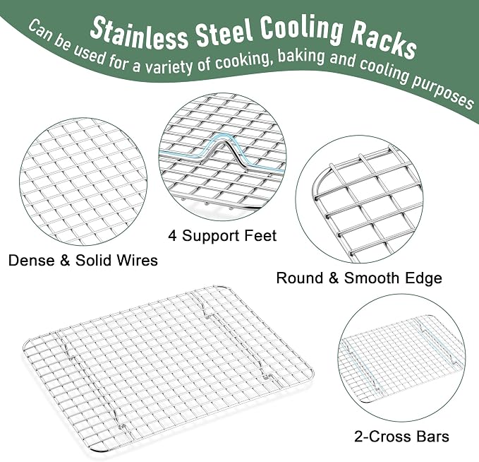 Homikit Baking Sheet with Wire Rack Set (1 Pan+1 Cooling Rack), 12" x 10" | Stainless Steel Quarter Sheet Pan with Grid Cooling Rack for Toaster Oven Roasting, Metal Bacon Cookie Trays with Baking Rack - Image 4