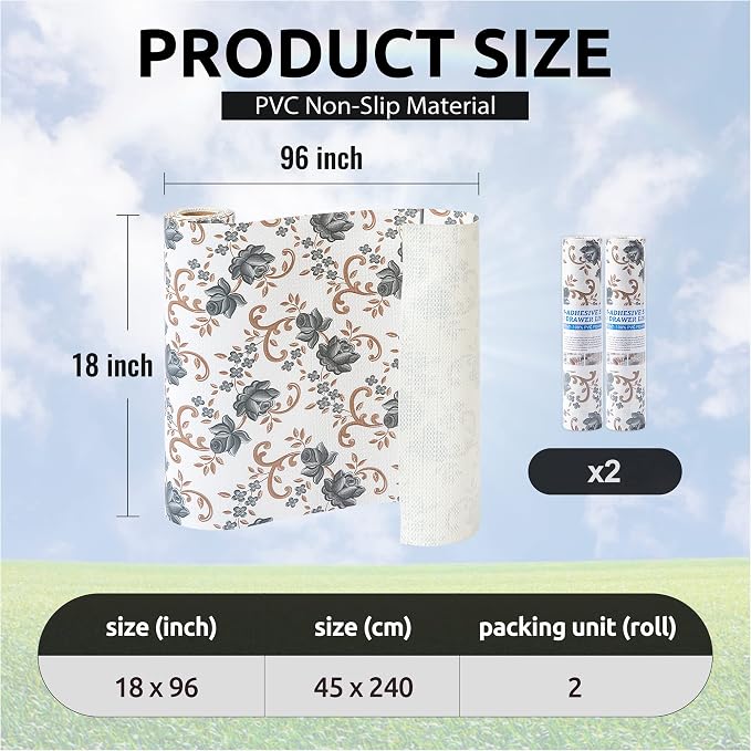 FIFTY FEET 18X96 Inch Shelf Liner for Kitchen Cabinets, PVC Drawer Liner for Dresser Non-Slip Bathroom, Non-Adhesive Cabinet Liner Washable (Black Floral)(2 Roll) - Image 3