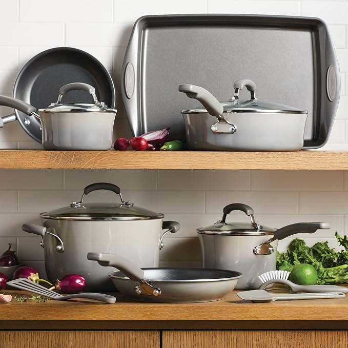 Rachael Ray Classic Brights Hard Enamel Aluminum, 14-Piece, Sea Salt Gray - Image 2
