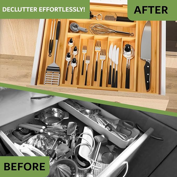 Nature Gear Bamboo Kitchen Drawer Organizer, Expandable Wood Utensil Tray, Adjustable Silverware Organizer with 9 Compartments for Fork, Spoon & Knife Utensils - Image 4