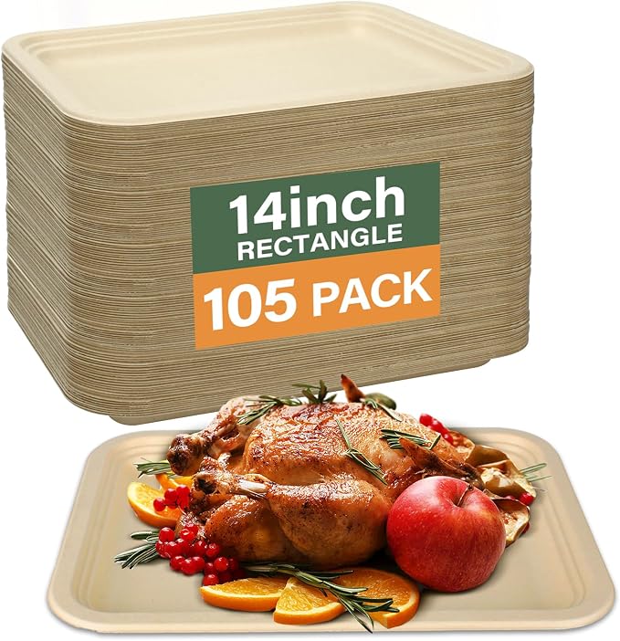 105 Pack Compostable Paper Plates, 14 Inch Heavy-Duty Bagasse Tray | Microwave & Freezer Safe, Biodegradable, Water & Oil-Resistant, Disposable Paper Plates for Birthday Weddings Parties BBQ by BangShou