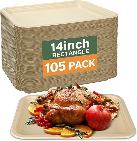 105 Pack Compostable Paper Plates, 14 Inch Heavy-Duty Bagasse Tray | Microwave & Freezer Safe, Biodegradable, Water & Oil-Resistant, Disposable Paper Plates for Birthday Weddings Parties BBQ by BangShou