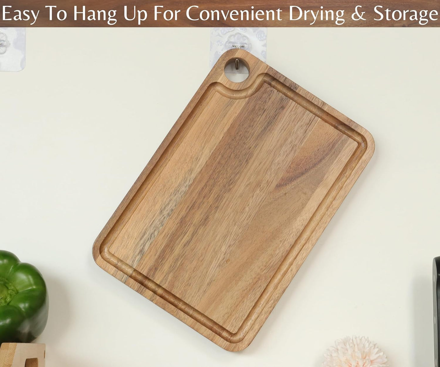 Acacia Wood Cutting Board (10x7x0.8 In.) - Small Mini Wooden Bar Steak and Cheese Chopping Boards for Kitchen with Juice Groove, Tiny Rustic Carving Breadboard for Serving Lime with Handle