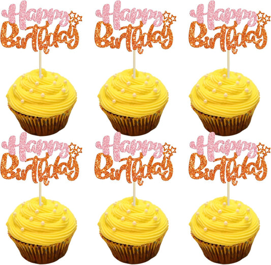 Ephlyn 24Pcs Happy Birthday Cupcake Toppers - Double Layer Glitter - Pastel Pink Orange - Perfect for Birthday, Baby Shower & Anniversary Parties