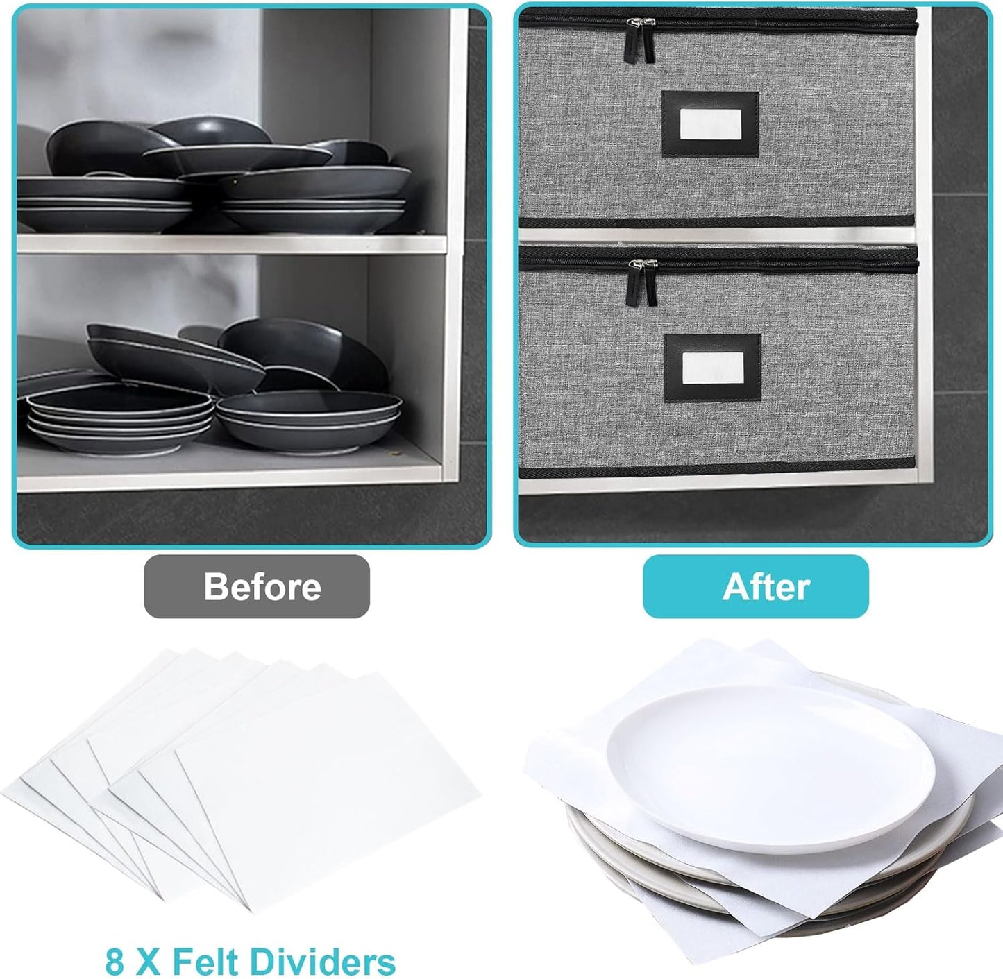 Quilted Platter Storage Case 2PACK-Fine China Storage Containers Hard Shell for Organizing,Stackable Plate Storage Containers with 8 Felt Dividers,dinnerware Storage,Moving Box,Moving Supplies