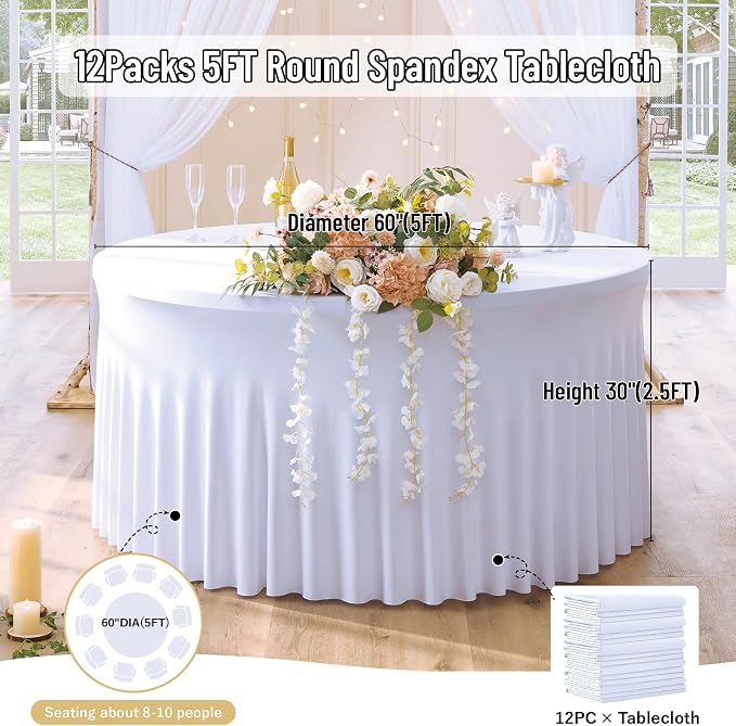leegleri 12 Pack White Spandex Round Tablecloths - 60 inch, Stretchy 120 inch Fitted 5FT Round Table Cloths with Wrinkle Free Skirt for Wedding Party Dining Banquet - Image 5