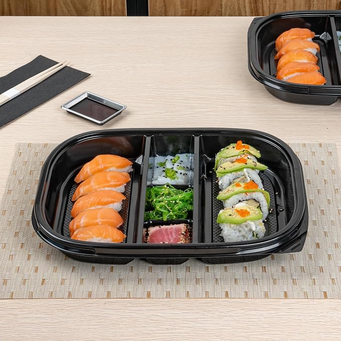 Restaurantware-Bento Tek 50.7 Ounce Meal Prep Containers, 50 Disposable To Go Food Boxes - Lids Sold Separately, 5 Compartments, Black Plastic Bento Lunch Boxes, Freezable, For Take Out - Image 4