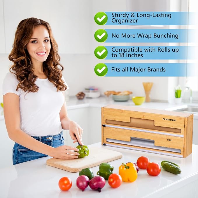 18 Inch Large Foil Wrap Dispenser with Cutter, 2 in 1 Aluminum Butcher Parchment Paper Freezer Tin Wax Cling Foil Plastic Wrap Organizer for Kitchen Drawer Bamboo Saran Storage Roll Holder - Image 4
