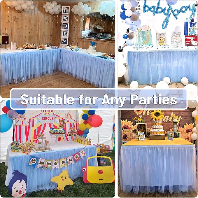167in Baby Blue Tulle Table Skirts for Rectangle Tables 6/8ft, 2-Layer Gold Grim Ruffle Tulle Tutu Blue Cloth Table Skirt 14ft Decor Boy Birthday Party Baby Shower Cake Dessert Tables(No Table Cover) - Image 4