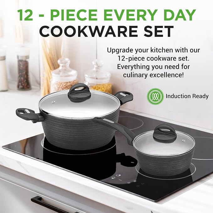 NutriChef Metallic Ridge Line Nonstick Cooking Kitchen Cookware Pots and Pan Set with with Lids and Utensils, 12 Piece Set, Gray - Image 2
