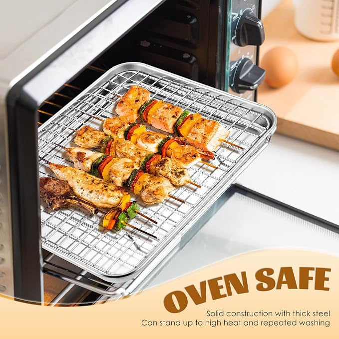 Small Stainless Steel Baking Sheet with Rack Set, E-far 9.4”x7.3” Cookie Sheet Broiling Pan for Toaster Oven, Rimmed Metal Tray with Wire Rack for Cooking/Baking/Cooling, Non-toxic & Dishwasher Safe - Image 4