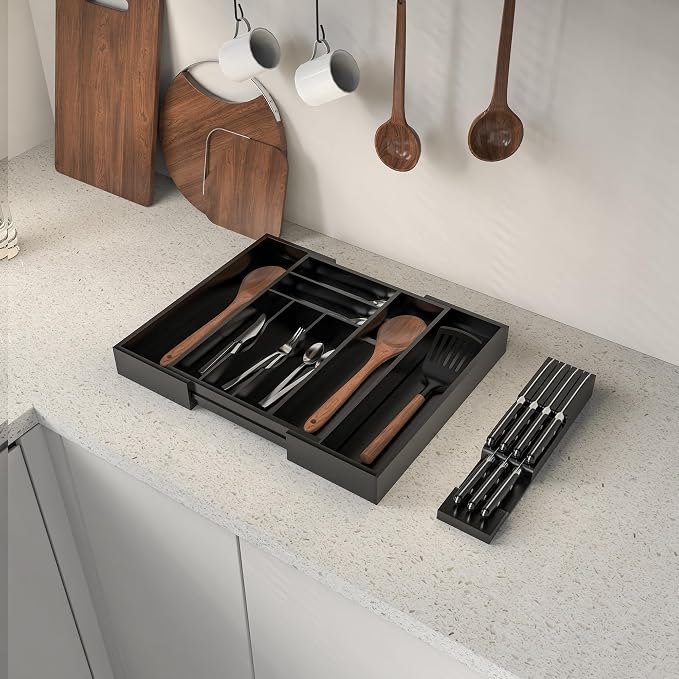 Bamboo Silverware Drawer Organizer, 6-8 Slots Kitchen Drawer Tray | 13"-21.69" Expandable, Utensil Holder & Cutlery Tray with Removable Knife Block, Hold 7 Knives, 2.36" Deep for Extra Capacity - Image 6