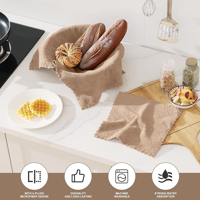 Homaxy Super Soft 12 Pack Kitchen Towels and Dishcloths Set, Tan - Image 2