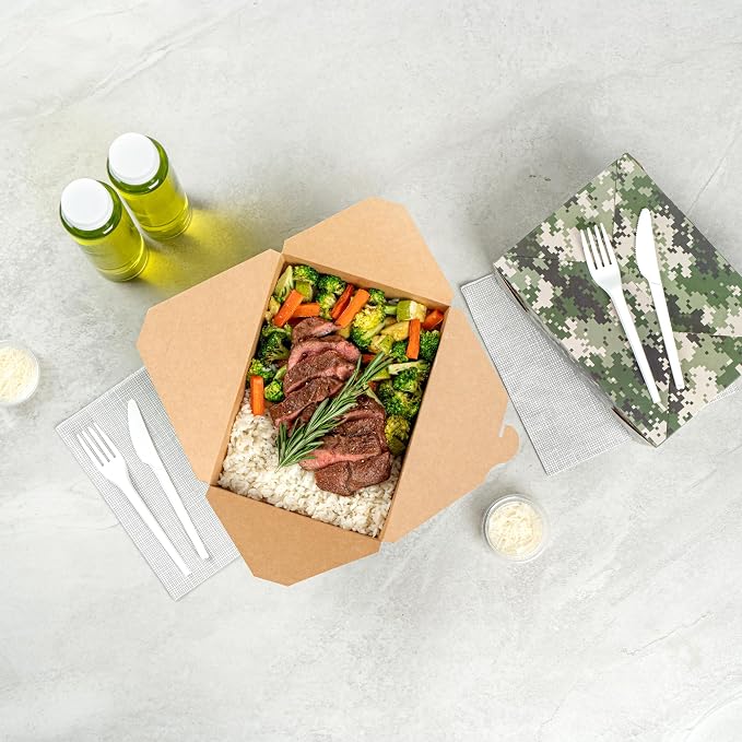 Restaurantware-Bio Tek 8.5 x 6.2 x 3.5 Inch Food Containers, 200 Durable Takeaway Boxes - Disposable, Sturdy, Camouflage Paper 98 Ounce Takeout Boxes, Rectangle, For Takeout And Delivery, Or Picnics - Image 7