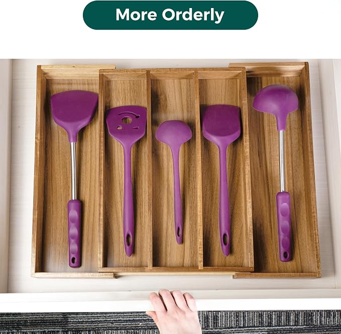 Utoplike Bamboo Silverware Tray Acacia Kitchen Drawer Organizer Expandable - Image 4