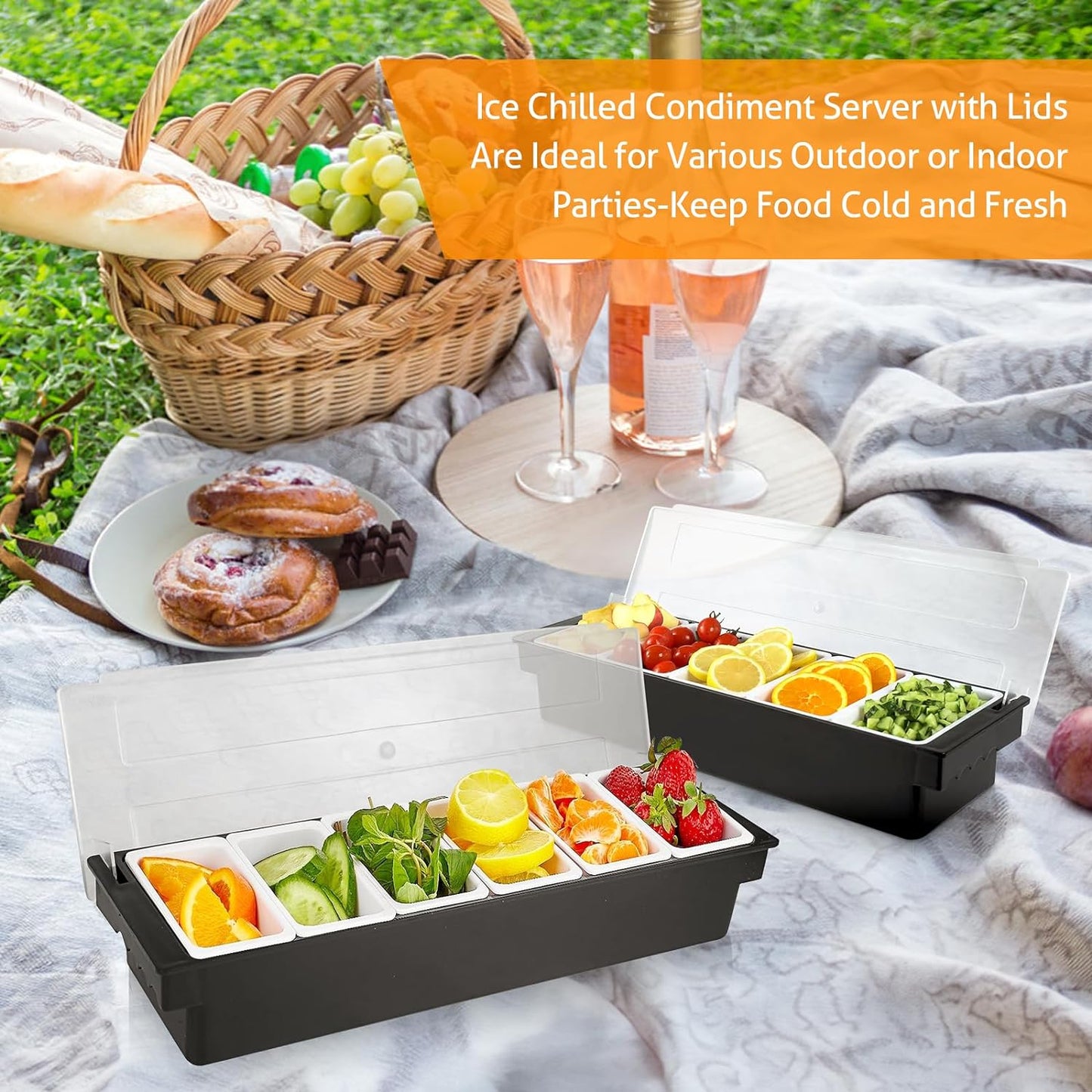 WICHEMI Fruit, Veggie & Condiment Caddy with Lid Dispenser Tray Plastic Garnish Station for Bartending & Serving Taco, Ice Cream, Salad Bar - Topping Organizer for Restaurant Supplies (6 Compartment)