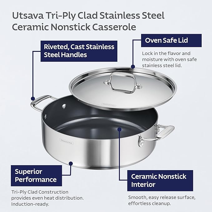 Tramontina Utsava Tri-Ply Clad Stainless Steel 6.5-Quart Casserole with Lid - Image 3