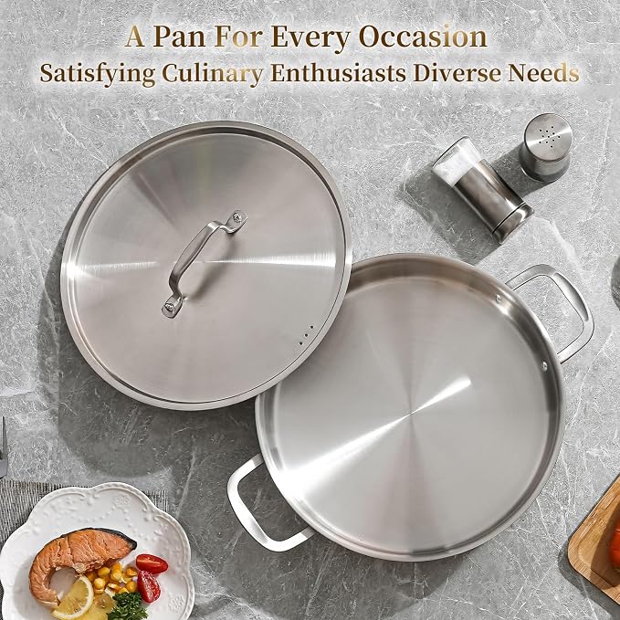 DELARLO Tri-Ply Stainless Steel 7 Quart Braiser Pan with Lid - Image 6
