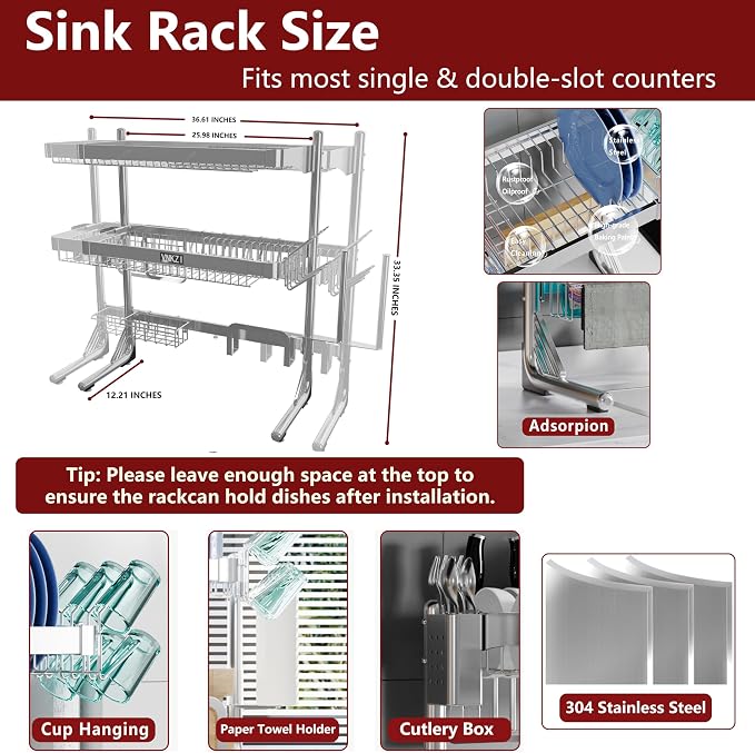 VNKZI Over Sink Dish Drying Rack, 3 Tier Full Stainless Steel Storage Adjustable Length (25.98'' to 36.61'') Kitchen Rack, Multifunctional Expandable Counter Organizer, Space Saver Dish Rack - Image 4