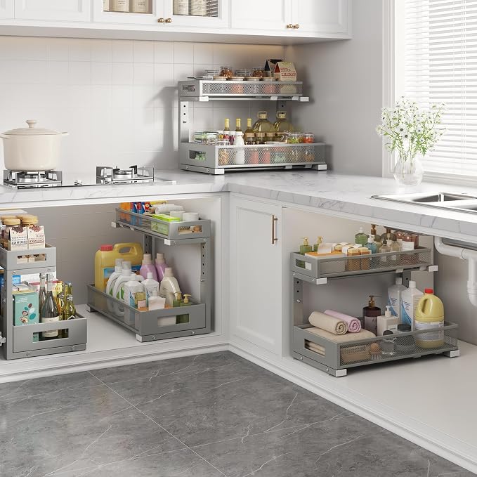 1 Pack 17IN Depth Under Sink Storage Organizer, Large 2-Tier Elegant Mesh Pull Out Shelf for Kitchen and Bathroom Cabinet Organization, L-Shaped and Adjustable Height Design-Gun Gray - Image 6