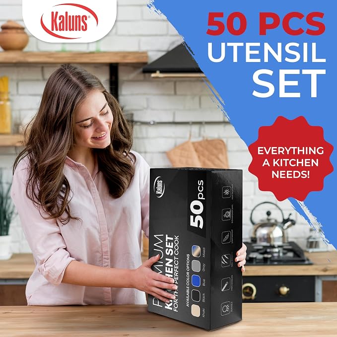 Kaluns 50 PCS Silicone Kitchen Utensils Set Complete Kitchen Set - 800°F Heat Resistant Non-Stick Premium Silicone Cooking Utensils W Wooden Handles - Can Opener, Masher, Turner, Silicone Spatula Set - Image 4