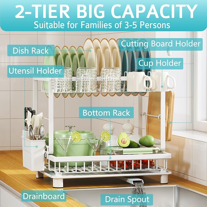2-Tier Dish Drying Rack for Kitchen Counter, Space-Saving, White - Image 2