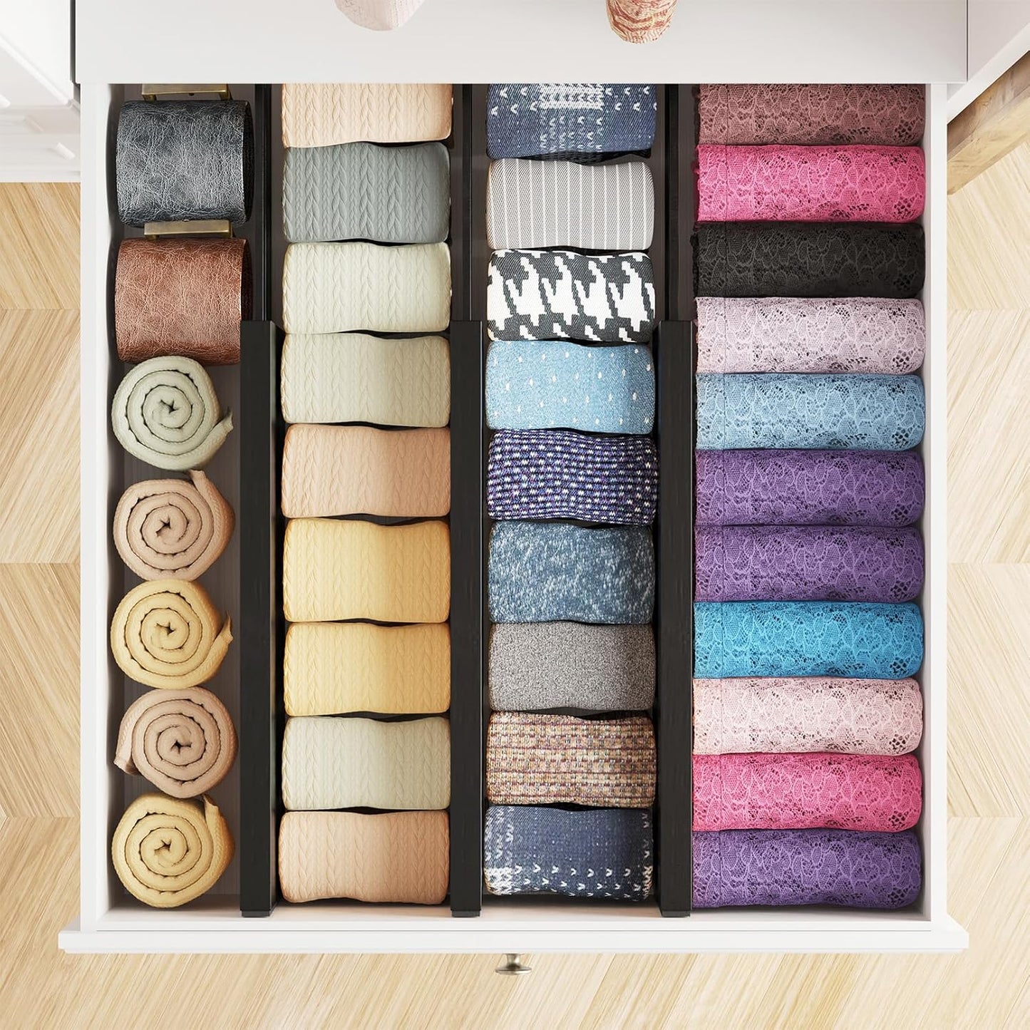 SpaceAid Bamboo Dresser Drawer Dividers 6 Pack, 4.65“ High Adjustable 12.5“-17” Drawer Organizers, Expandable Organization for Clothing, Clothes, Dressers, Black