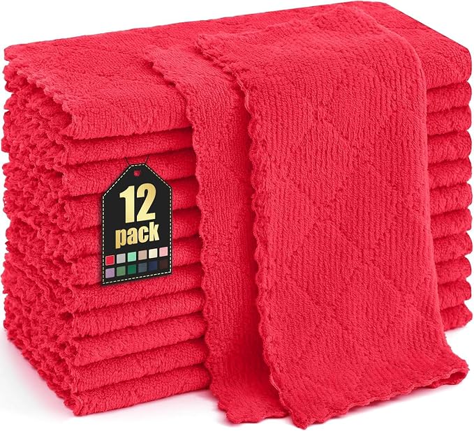 Homaxy 12 Pack Super Soft Absorbent Dish Cloths, 10" x 10", Red by Homaxy