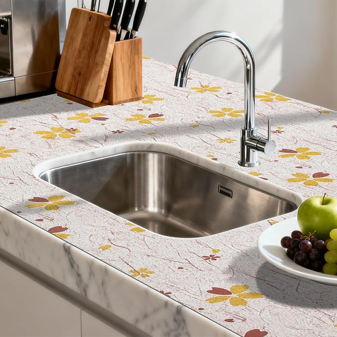 FIFTY FEET 12"x120" Non-Adhesive Shelf Liner for Kitchen Cabinets and Drawers, Washable Non-Slip PVC Cabinet Liner (Yellow Floral)(1 Roll) - Image 6