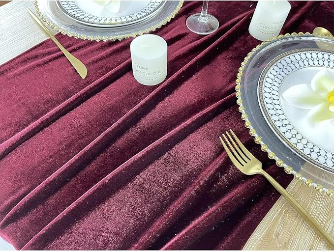 Luxurious Velvet Table Runner, 10ft Wedding Reception Decorations, 20x120inch Soft Velvet Fabric, Table Linen Overlay, Wedding Table Runners (Burgundy, 20X120inch, 2pack) - Image 5