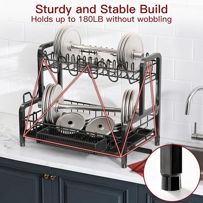 BOOSINY 2 Tier Black Stainless Steel Dish Drying Rack for Kitchen Counter - Image 5