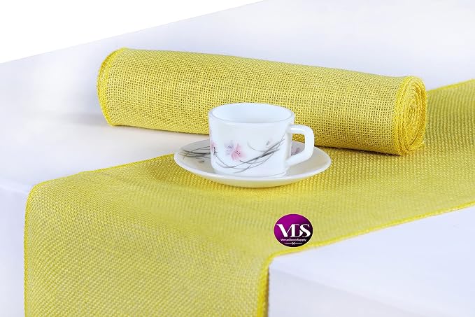 VDS Pack of 10, Burlap Table Runner 100% Natural Jute Rustic Hessian Table Cloth Centrepiece for Wedding Bridal Shower Birthday Event Party Banquet Table Decoration (Size 12X108 Inch)(Yellow) by VDS